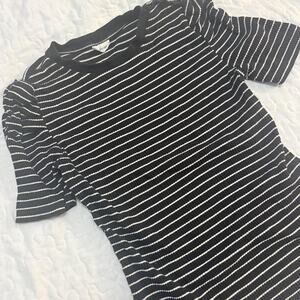 Décor ribbed black & white striped short sleeve top ruching sleeves work preppy